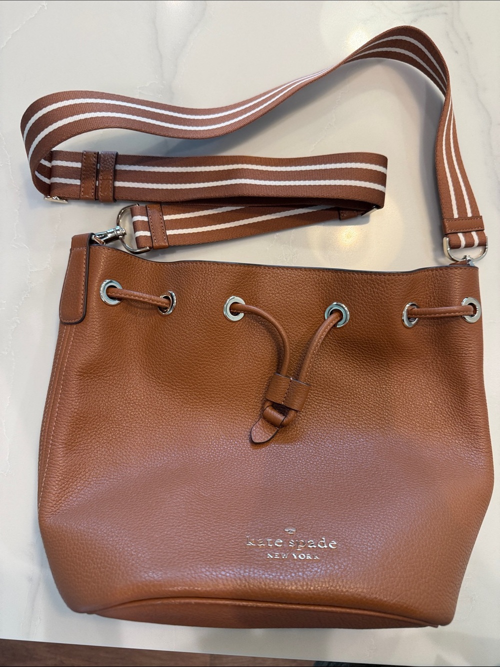 Kate Spade Tan Pebbled Leather Drawstring Bucket Bag